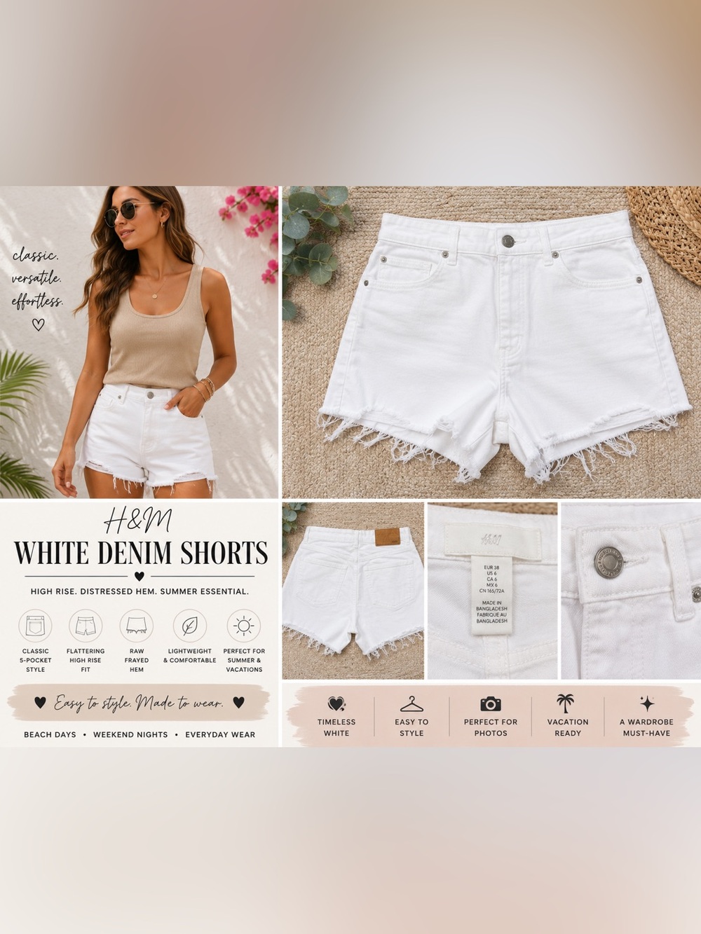 H&M White High-Rise Distressed Denim Shorts Size 6